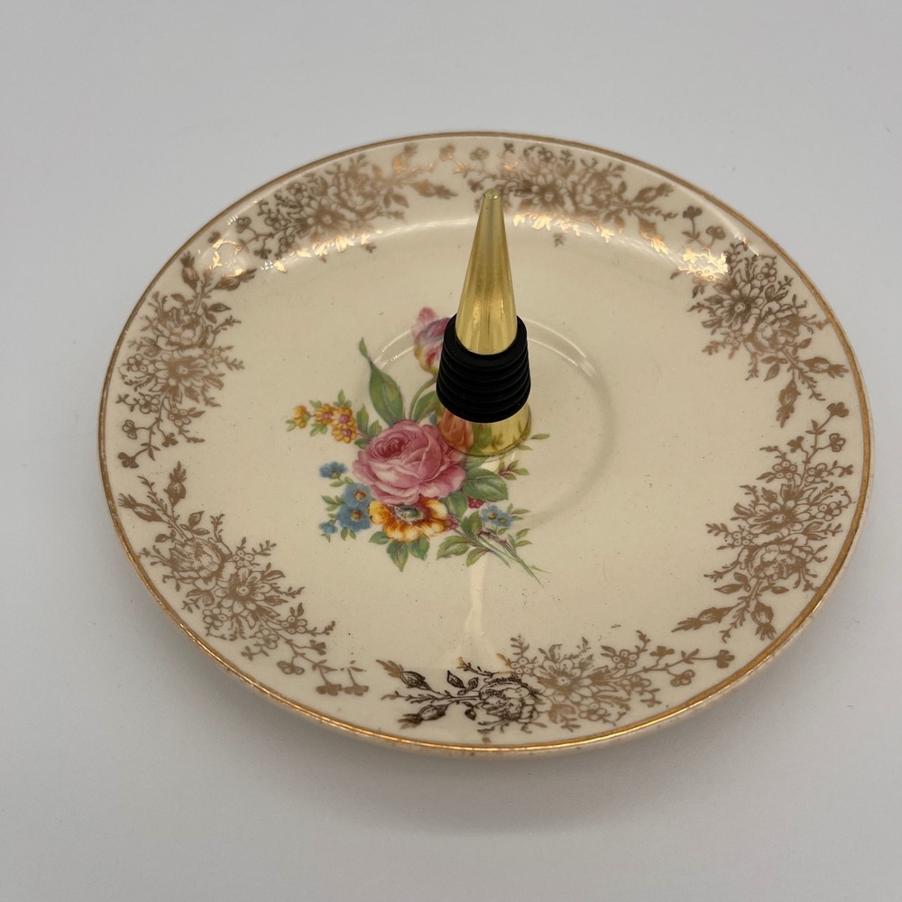 Handmade Floral Ceramic Ring Tray Dresser Jewelry Holder Gold Tone Cone 6 inch